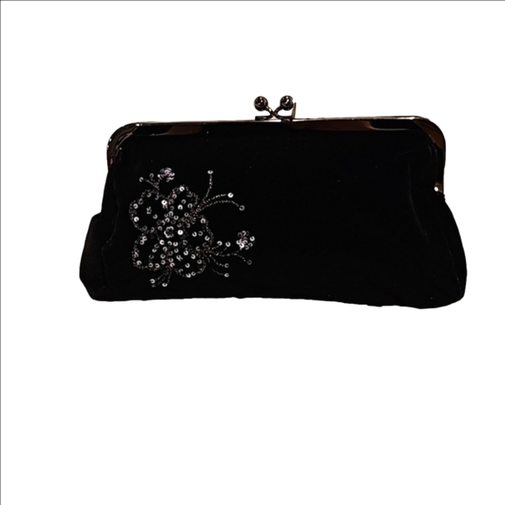 Express velvet clutch satin lined kiss closure excellent condition embroidery